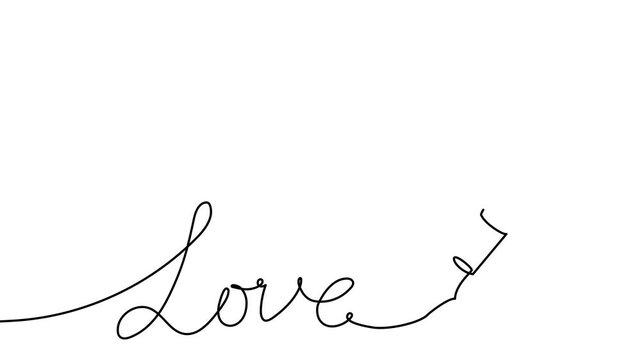 Continuous line drawing of a hand holding a pen, creating an elegant curved signature with flowing artistic strokes on white background.