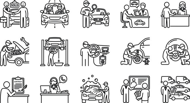 Car Dealership and Automotive Service Line Icons Collection for Business and MaintenanceCar Dealership and Automotive Service Line Icons Collection for Business and Maintenance