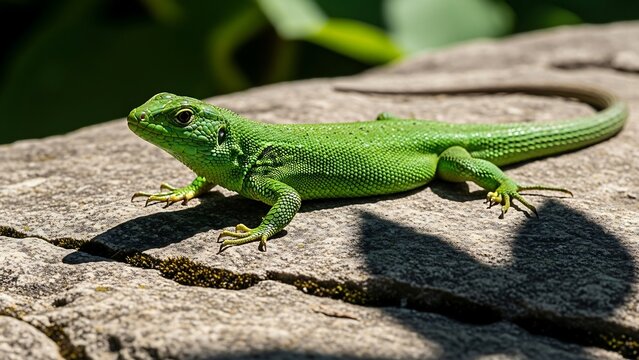 Close up of a green lizard resting on a rock.
