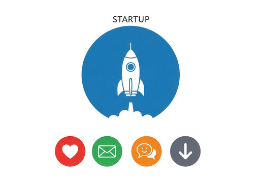 Startup business rocket launch icon, flat vector illustration of spaceship taking off, social media marketing symbols for growth and communication