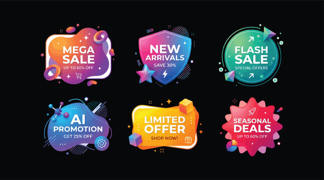 Abstract gradient sale badges on black background. Perfect for modern e-commerce campaigns and sales.