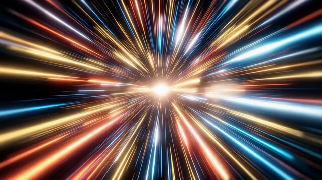 Abstract hyperspace background with colorful light streaks, warp speed travel technology motion blur concept 4k video