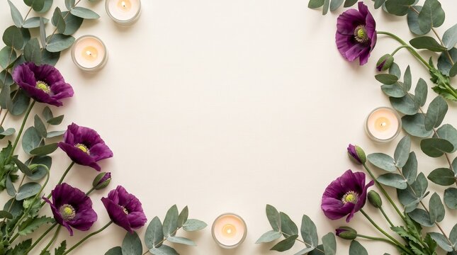 Purple poppy flowers and eucalyptus frame. Floral border with candles on white background.