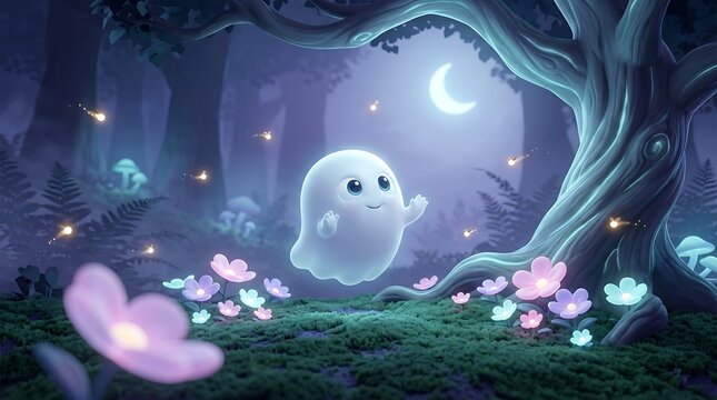 Cute Ghost Floating in Magical Forest at Night Illustration