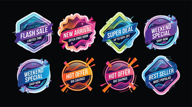 Colorful neon sales badges on black background. Ideal for e-commerce promotion and marketing ads.