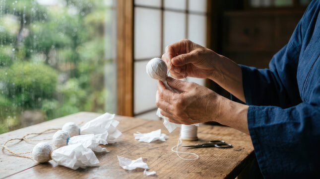 Persons hands crafting a small white object with thread and scissors.