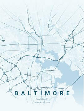 Modern Baltimore City Map Poster Design, Ocean Style Urban Street Grid Cartography