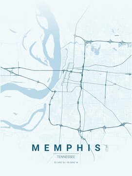 Modern Memphis City Map Poster Design, Ocean Style Urban Street Grid Cartography