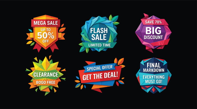 Set of modern colorful geometric sale badges and clearance discount tags on black background. Ideal for retail store.