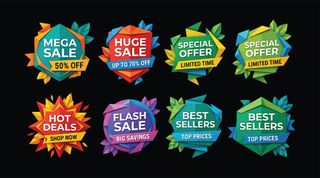 Collection of origami style geometric sale badges and discount tags on black background. Great for eco-friendly.