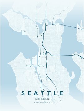 Modern Seattle City Map Poster Design, Ocean Style Urban Street Grid Cartography