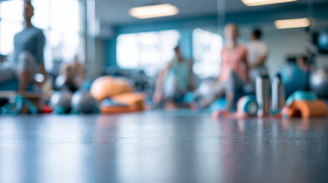 Blurred Rehabilitation and Mobility Class with Exercise Balls and Foam Rollers in Modern Wellness Gym with Low Angle Copy Space