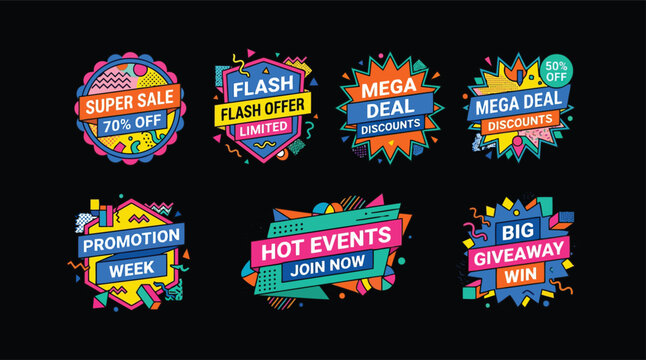 Set of retro pop art style sale badges and discount banners on black background. Perfect for vibrant e-commerce.