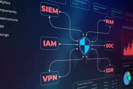 Cybersecurity operations center dashboard. Digital network security monitoring interface.