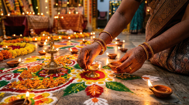 Woman lighting oil lamps for Diwali festival celebration.