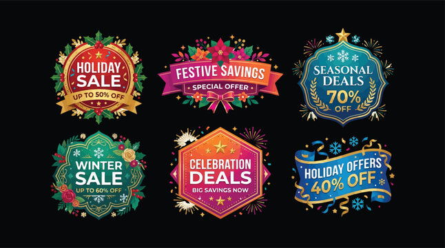 Set of colorful Christmas holiday sale badges and festive discount labels on black background. Perfect for winter.