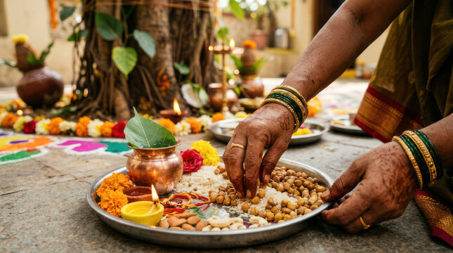 Woman performing traditional Hindu puja ceremony with offerings on a plate.