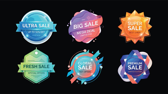 Modern gradient sale badges and vector tags with glossy finish on black background. Great for digital marketing and.