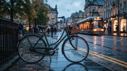 Obraz premium A bicycle parked on a wet cobblestone street in a european city during the evening as part of the annual world car free day event