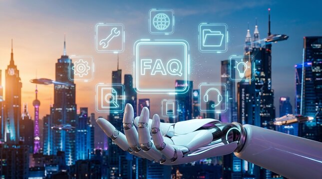 Robotic hand holding glowing frequently asked questions digital interface against urban skyline at twilight hour with interface surrounded with surrounded various service