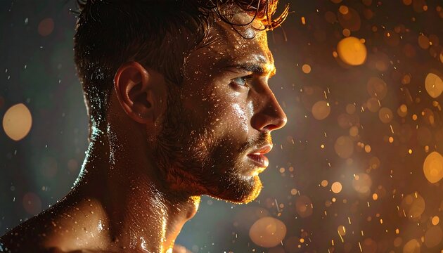 Close up of a mans face with dramatic lighting effects.