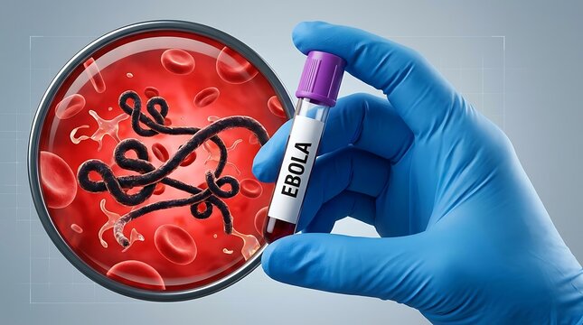Scientist holding a test tube with ebola virus blood sample, 3d illustration of the virus under microscope