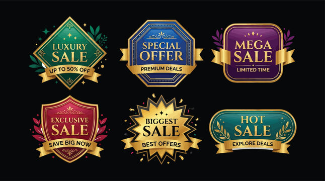 Set of luxury sale labels and badges with golden ribbons on black background. Useful for premium e-commerce.