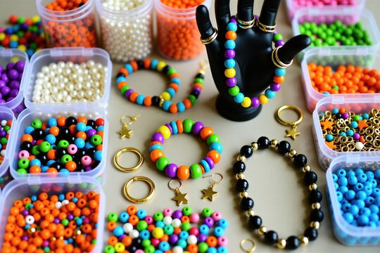 Various colorful beads and jewelry supplies on table. Person makes bracelets necklaces at home. Craft supplies organized in plastic containers.