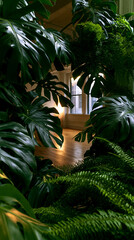 Fototapeta premium jungle foliage frame with serene pilates space, tropical leaf border in warm morning light, lush botanical foreground framing a bright wellness studio