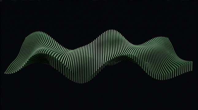 Abstract green parametric wave structure formed by parallel vertical elements against dark black