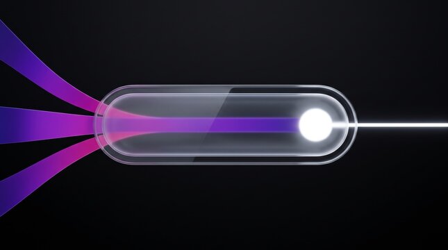 Abstract digital energy processing through translucent glass capsule with glowing light beams