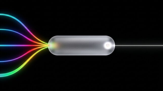 Abstract digital energy stream merging into translucent capsule process concept with vibrant glowing