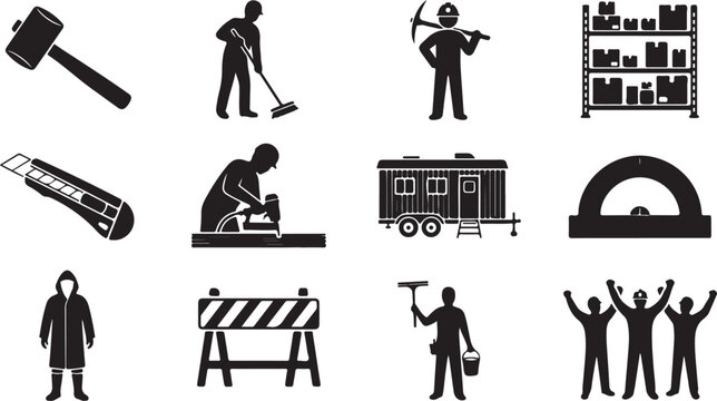 Collection of black industrial and construction showing workers, tools, storage, mobile homes, and safety equipment on white background