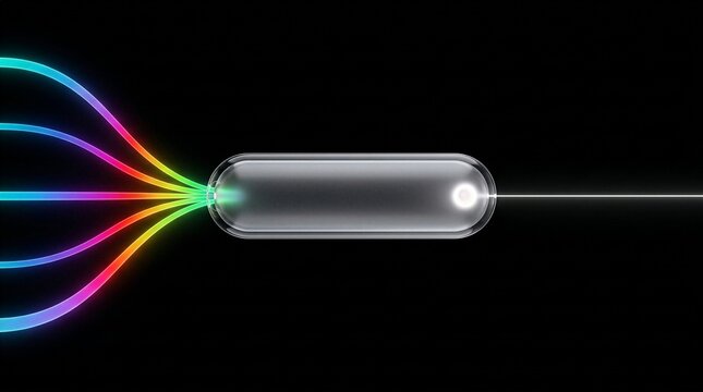 Abstract digital capsule merging colorful light rays into single focused white beam energy concept