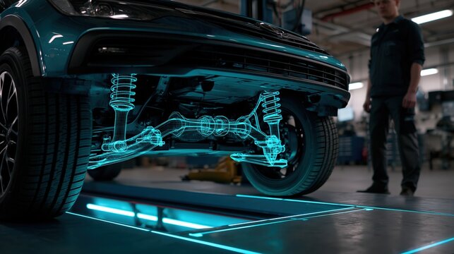 Mechanic observing high - tech underbody inspection with holographic suspension interface