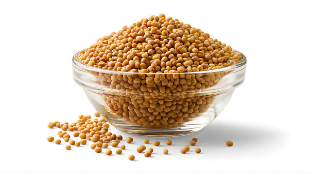 A glass bowl filled with yellow mustard seeds isolated on white background