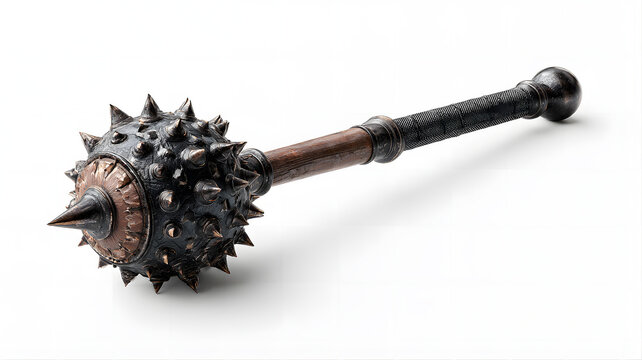 Medieval mace with a spiked metal head and wooden handle isolated on white background
