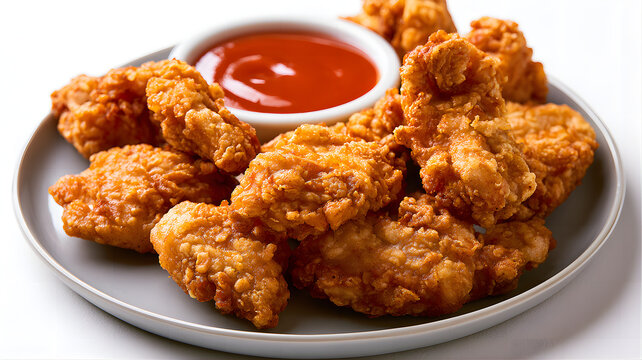Crispy golden fried chicken nuggets served on a plate with a side of spicy red dipping sauce, perfect for a delicious appetizer or snack