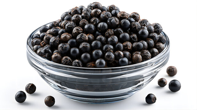 Bowl of dried juniper berries isolated on white background