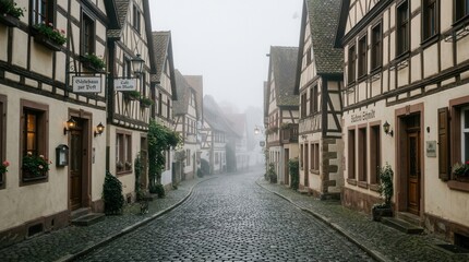 Fototapeta premium Charming Medieval Street Scene in Foggy European Town.