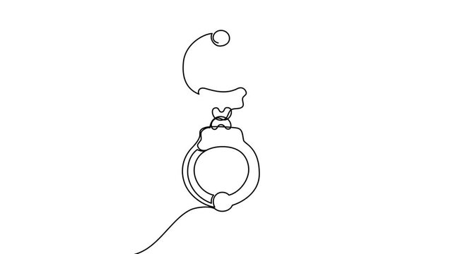 Single line art depicting handcuffs in minimalist style. Modern continuous stroke illustration of criminal restraints perfect for justice, police, and prison-related designs.