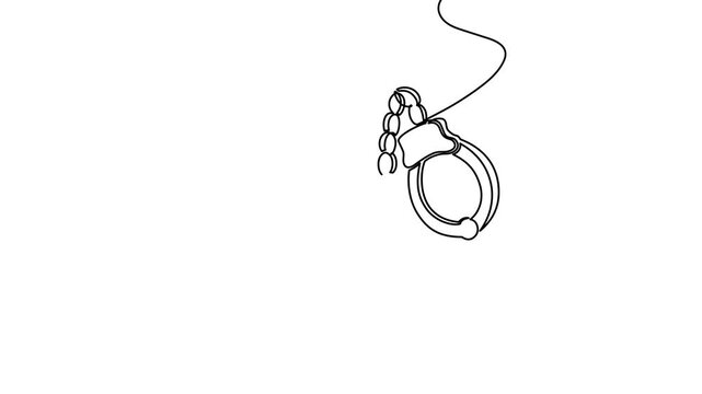 Single line art depicting handcuffs in minimalist style. Modern continuous stroke illustration of criminal restraints perfect for justice, police, and prison-related designs.