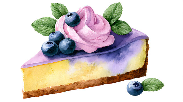 Watercolor illustration of a slice of blueberry cheesecake with whipped cream, fresh berries, and mint leaves, isolated on white background