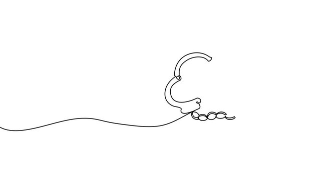 Single line art depicting handcuffs in minimalist style. Modern continuous stroke illustration of criminal restraints perfect for justice, police, and prison-related designs.