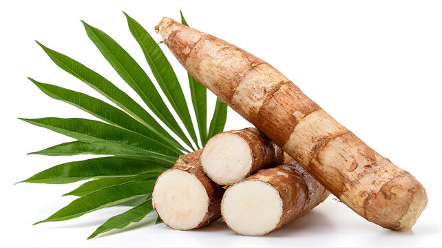 Fresh cassava root with leaves isolated on white background