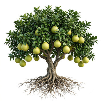 Buntan Pomelo tree, mature full tree bearing abundant large pale green Buntan pomelos with thick smooth rind, exposed visible roots, 1:1 ratio, isolated on seamless pure white background