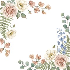 Fototapeta premium Soft pink roses, white poppies, and blue delphiniums with ferns and eucalyptus on white floral arrangement