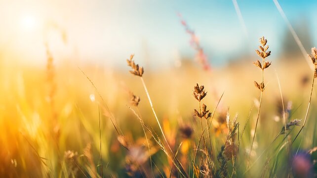 A beautiful close-up view of a sun-drenched field of grass, with soft bokeh effects and a gentle breeze rustling the stalks. The golden sunlight casts a warm glow over the scene.