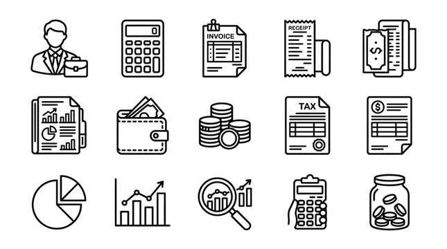 Business Finance and Accounting Icons Set: Money, Taxes, Invoice, Calculator, Analytics