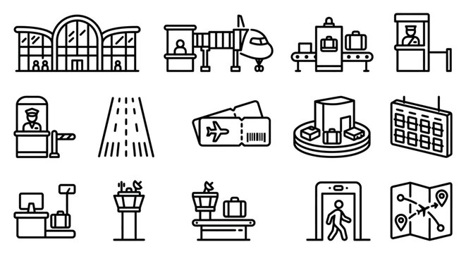 Airport Icons Set: Terminal, Jet Bridge, Security, Baggage, Control Tower, Tickets, Map